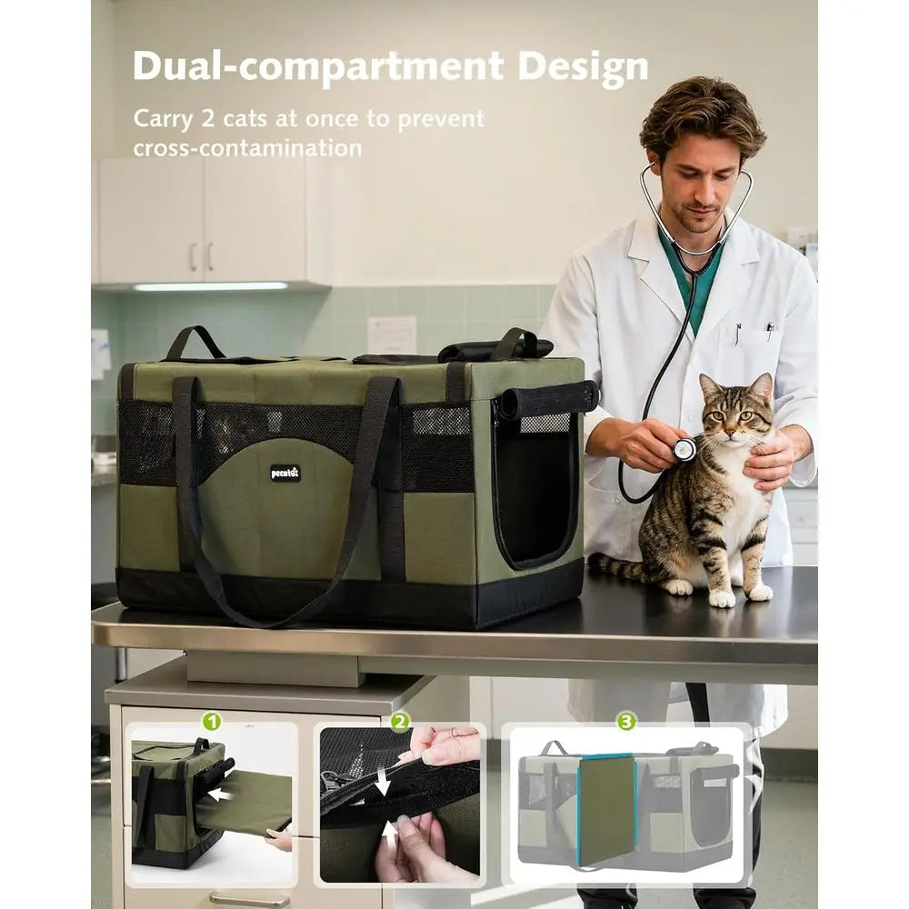 Large Cat Carrier, Built-in Steel Removable Divider With Breathable Mesh