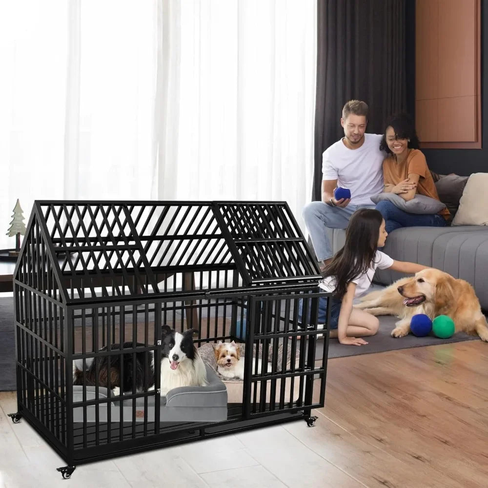 54 inch Heavy Duty Indestructible Dog Crate, Escape Proof with Lockable Wheels