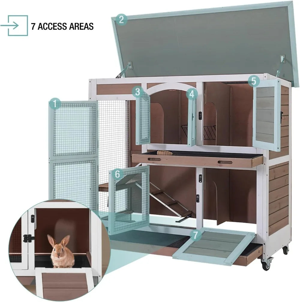Rabbit Hutch Indoor Bunny House Guinea Pig Cage with Sliding Plastic Trays, Wheels & Ramp
