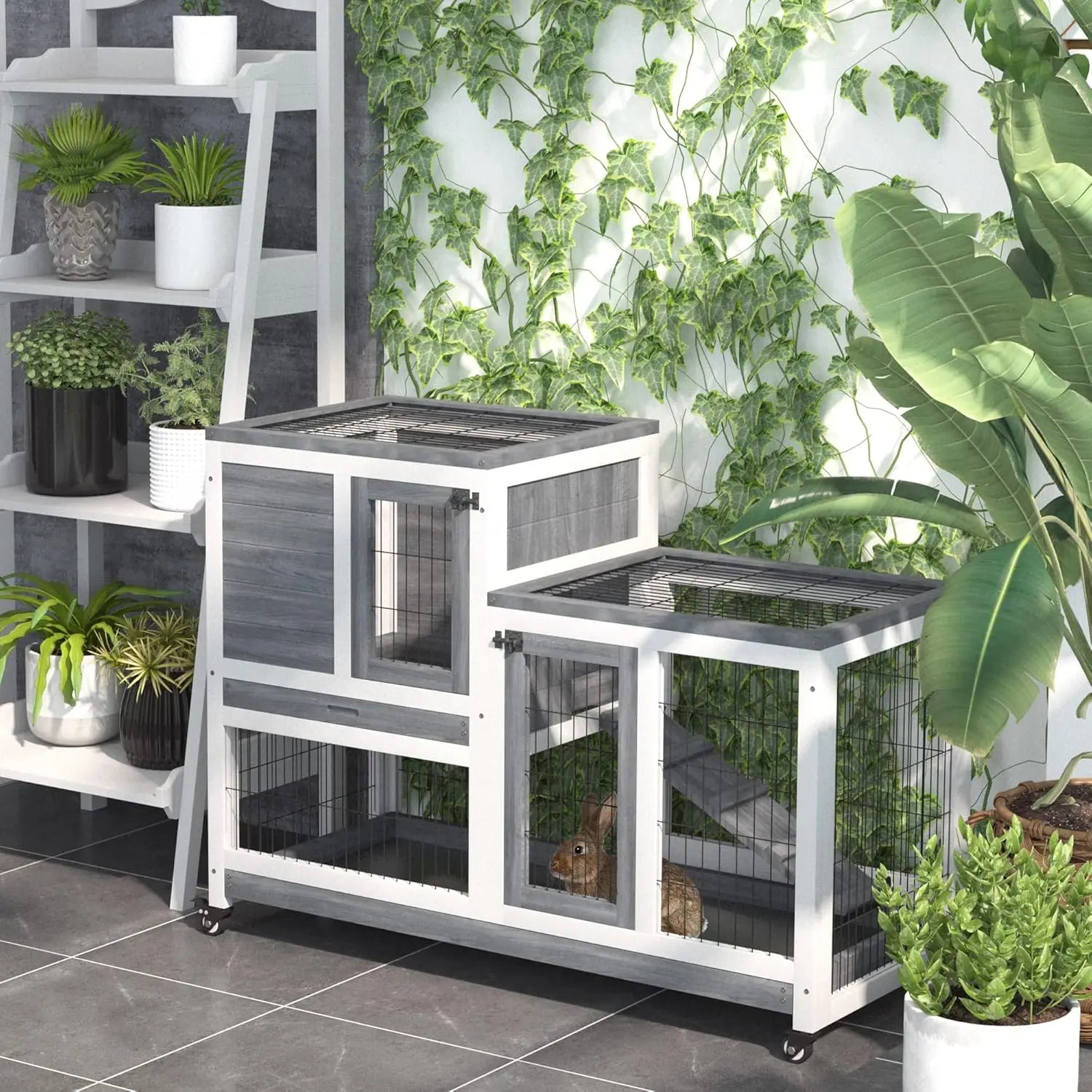 Wooden Rabbit Hutch Elevated Bunny Cage Indoor Small Animal Habitat with Enclosed Run with Wheels