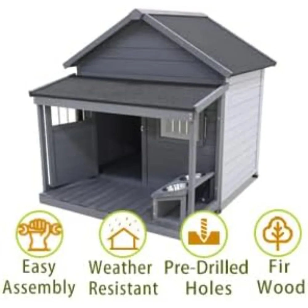Dog House with Porch And with Dog Bowl, Door, Window, Removable Base Plate, Weatherproof Dog Kennel