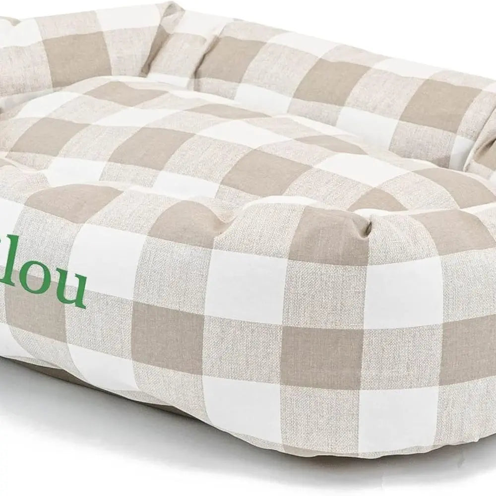 Custom Embroidered Donut Dog Bed | Personalized Bagel-Shaped Pet Bed in Large, Neutral Tan