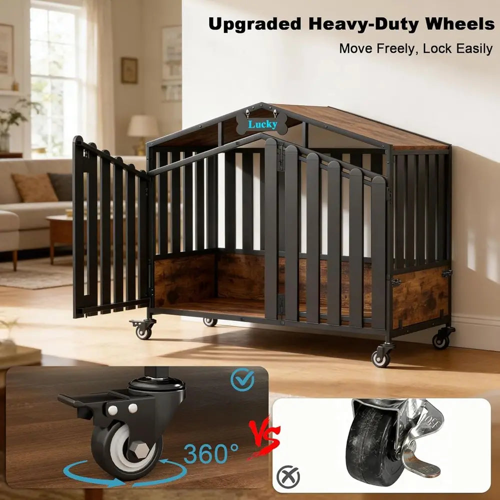 Heavy Duty Dog Crate Furniture, Dog Kennel Indoor with 360° Wheels