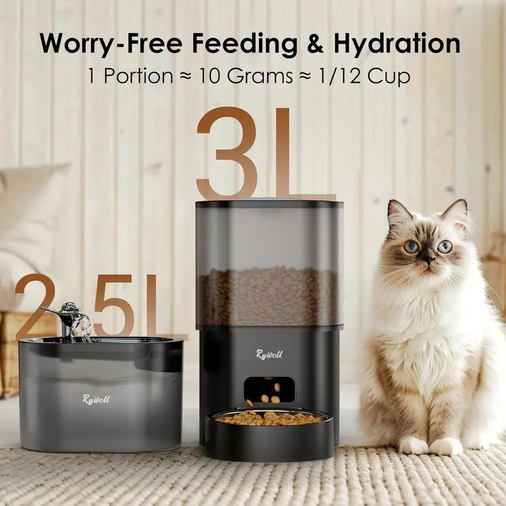 Automatic Cat Feeder and Water Fountain, 3L WiFi Timed Pet Food Dispenser and 2.5L Water Dispenser with APP