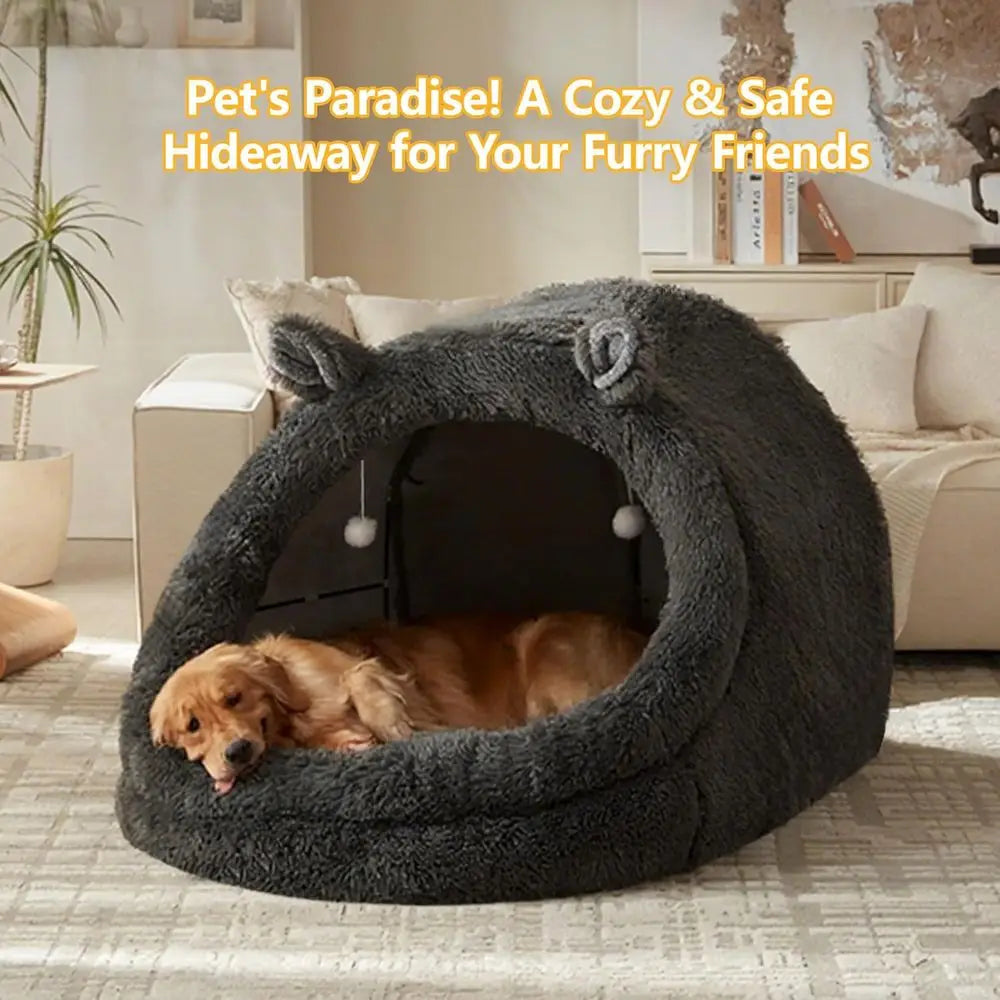 Extra Large Gray Fluffy Pet Bed with Canopy for Dogs, Cats & Humans, Removable Pillow & Blanket, Machine Washable