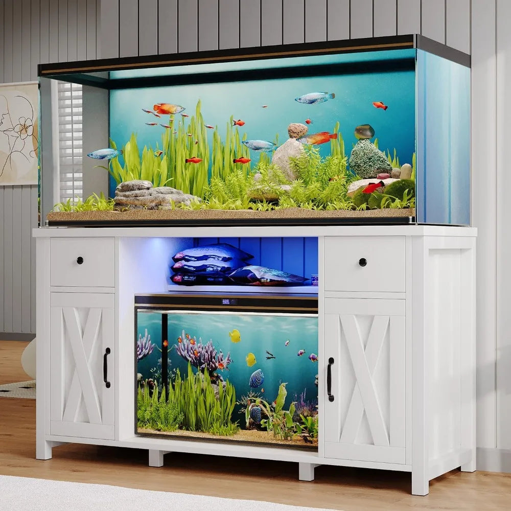 75 Gallon Fish Tank Stand with Power Outlets & LED Light, Farmhouse Stand with 2 Drawers and 2 Barn Doors