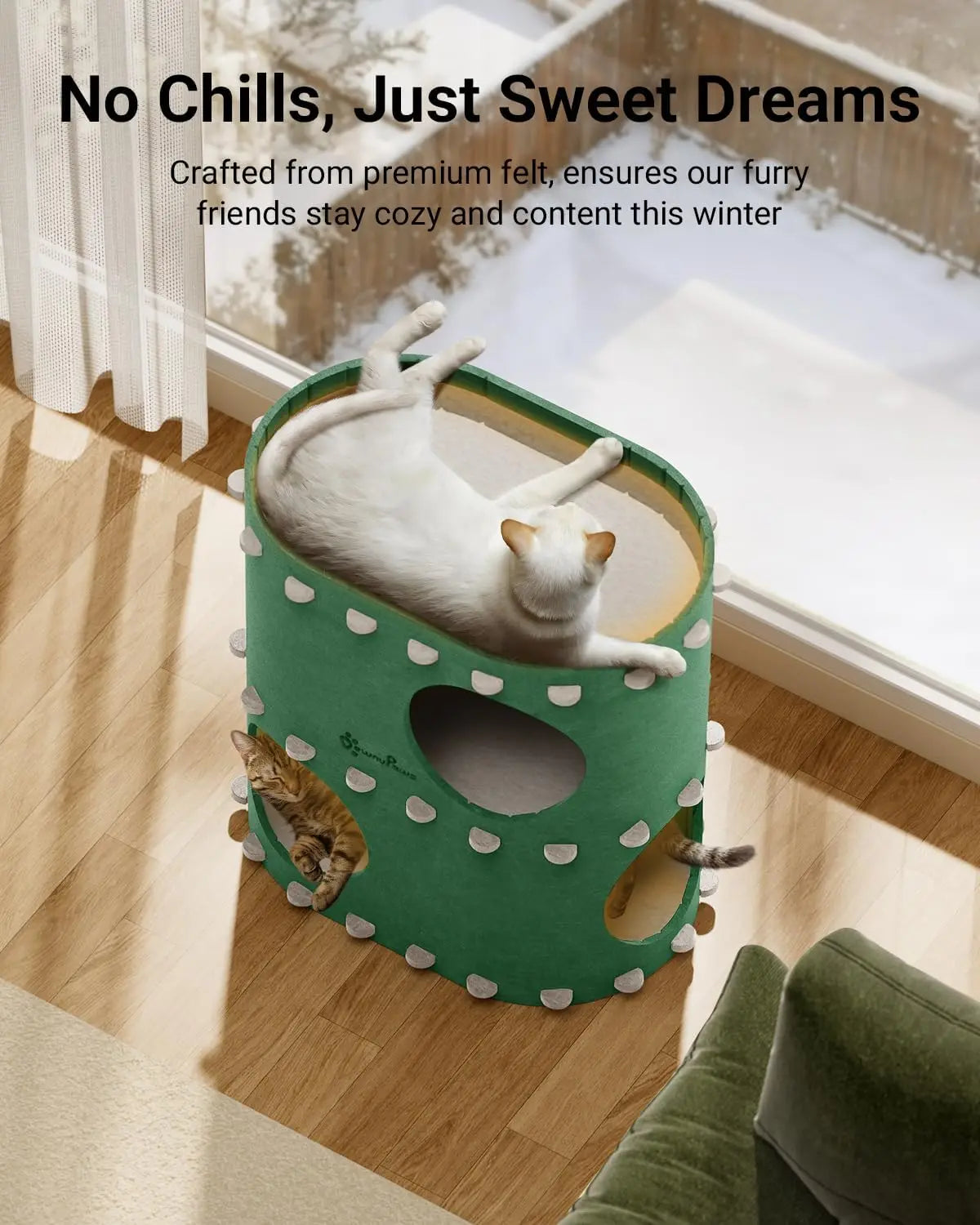 2-Story Foldable Cat Bed Cave, Felt Tunnel Hideaway for Indoor Cats, Scratch-Resistant Multi-Cat Condo
