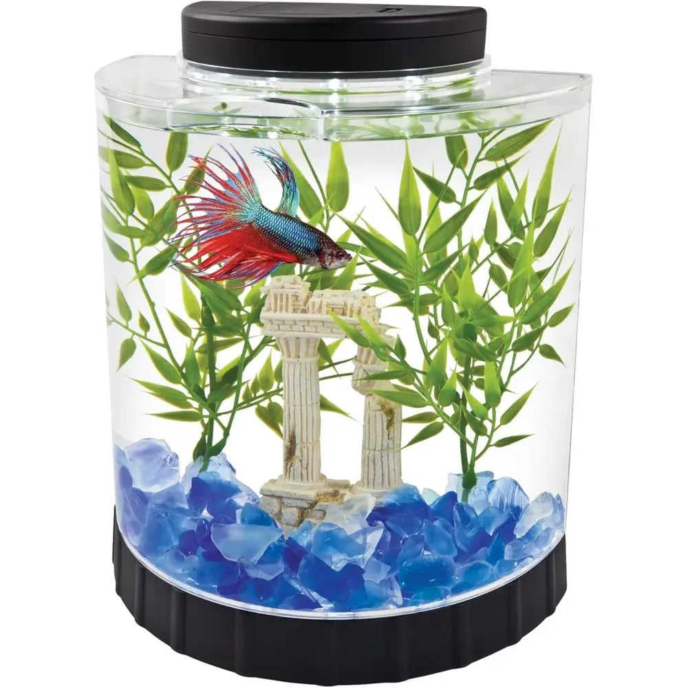 1 Gallon Half Moon Small Fish Tank w/ Movable LED Light, For Beta & Gold Fish