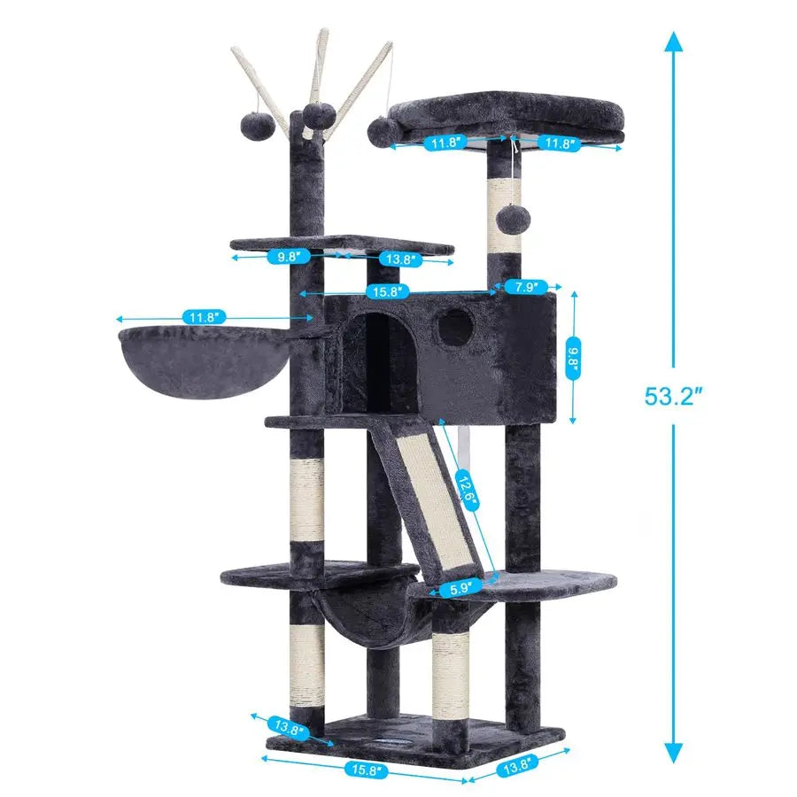 Cat Tree, 53 inch Cat Tower for Indoor Cats, Cat House with Padded Platform Bed