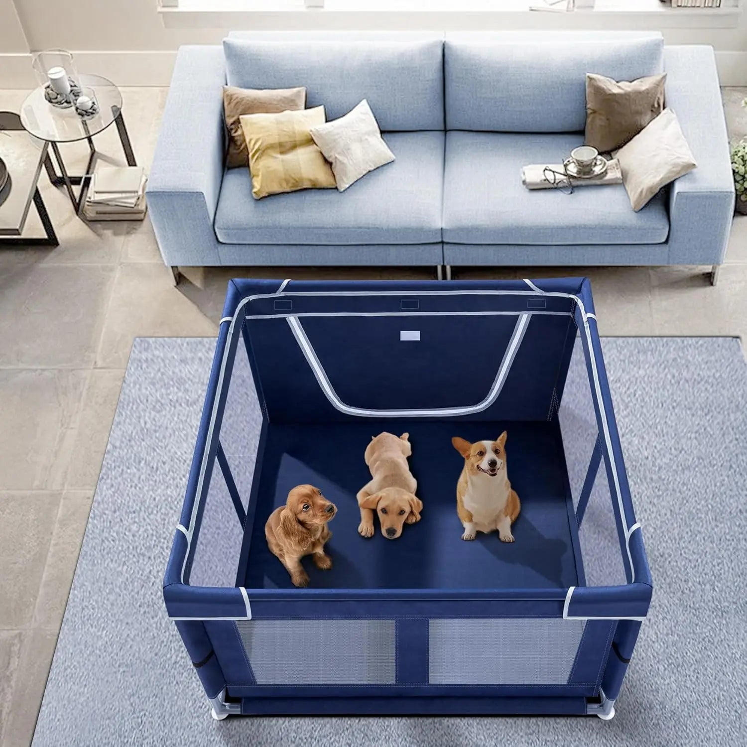Indoor Pet Playpen with Gate, Oxford Fabric Dog Enclosure for Small Pets, Anti-Tipping Design