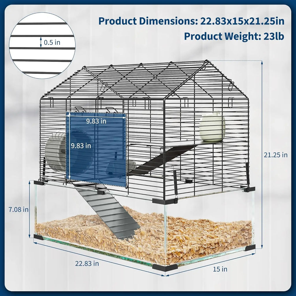 Metal Hamster Cage, Transparent Small Animal Cage Habitats with Water Bottle