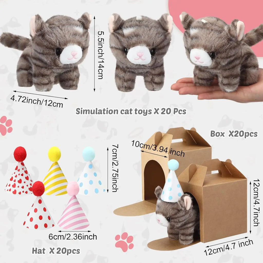 20 Mini Plush Cat Toys with Birthday Hats and Paper Houses