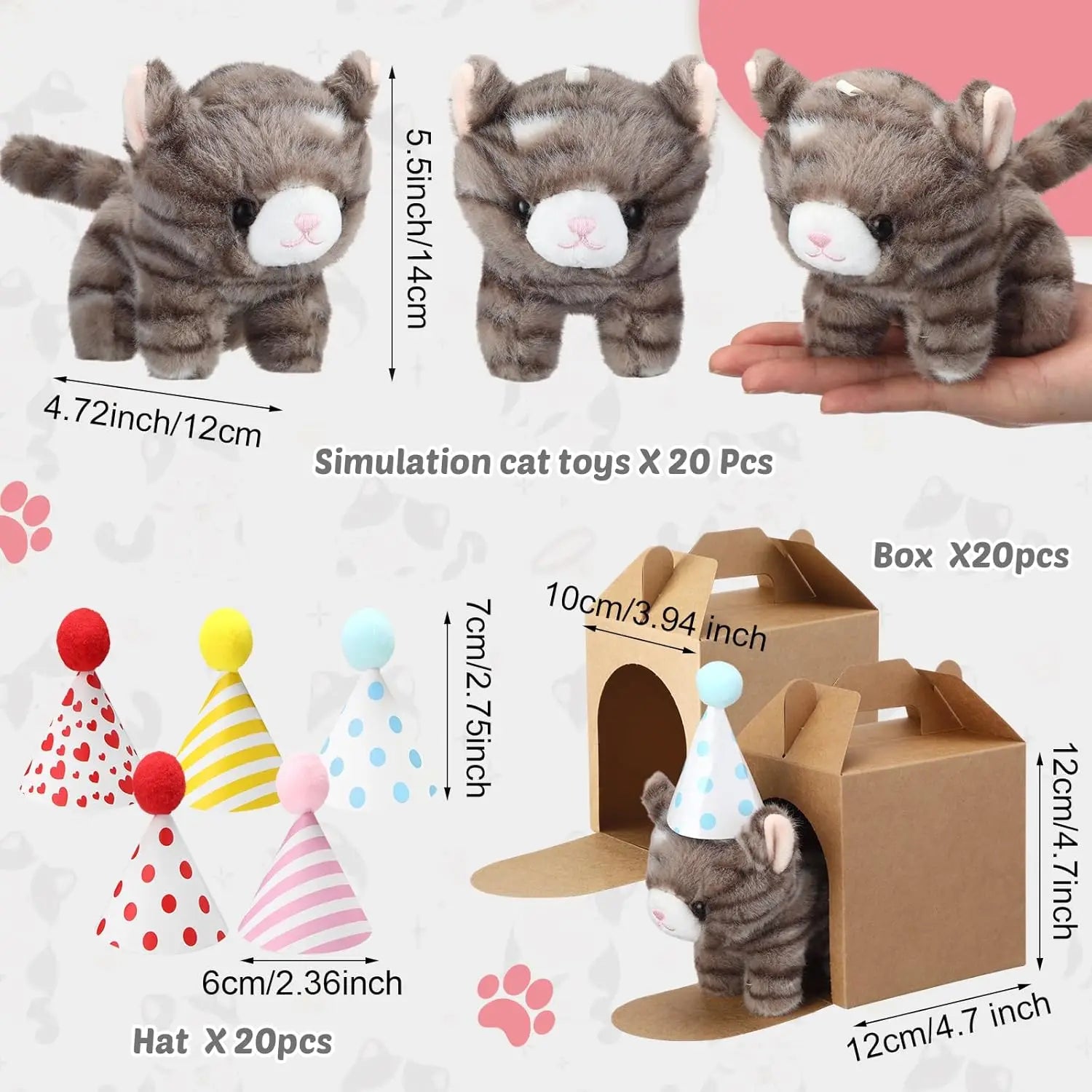 20 Mini Plush Cat Toys with Birthday Hats and Paper Houses