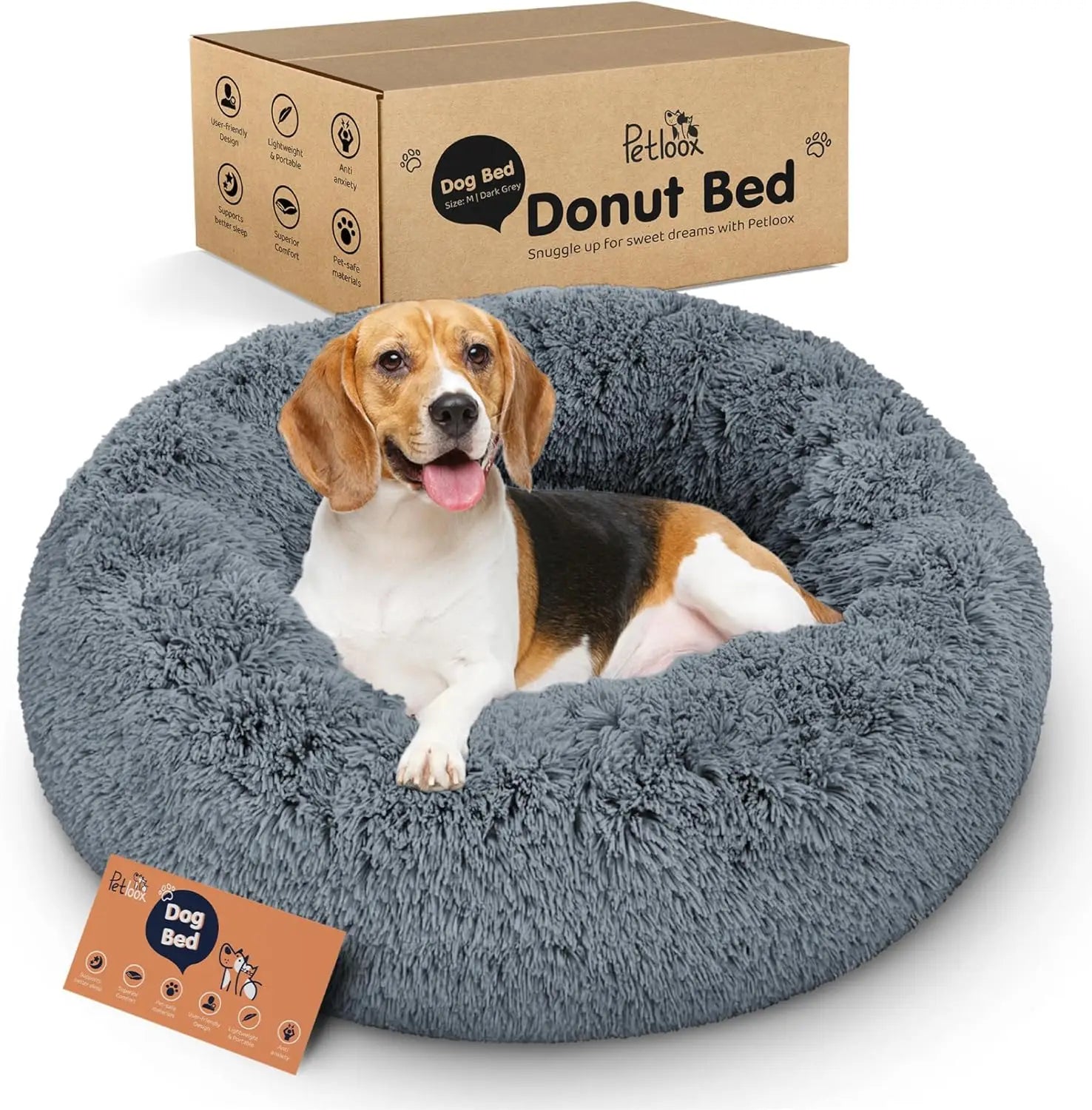 Donut Dog Bed - Ultra-Plush Round Bed for Anxiety Relief - Dark Grey, Medium
