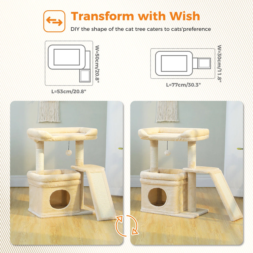 Small Cat Tree for Indoor Cat Tower with Sisal Scratching Post and Pad Wide Top Perch