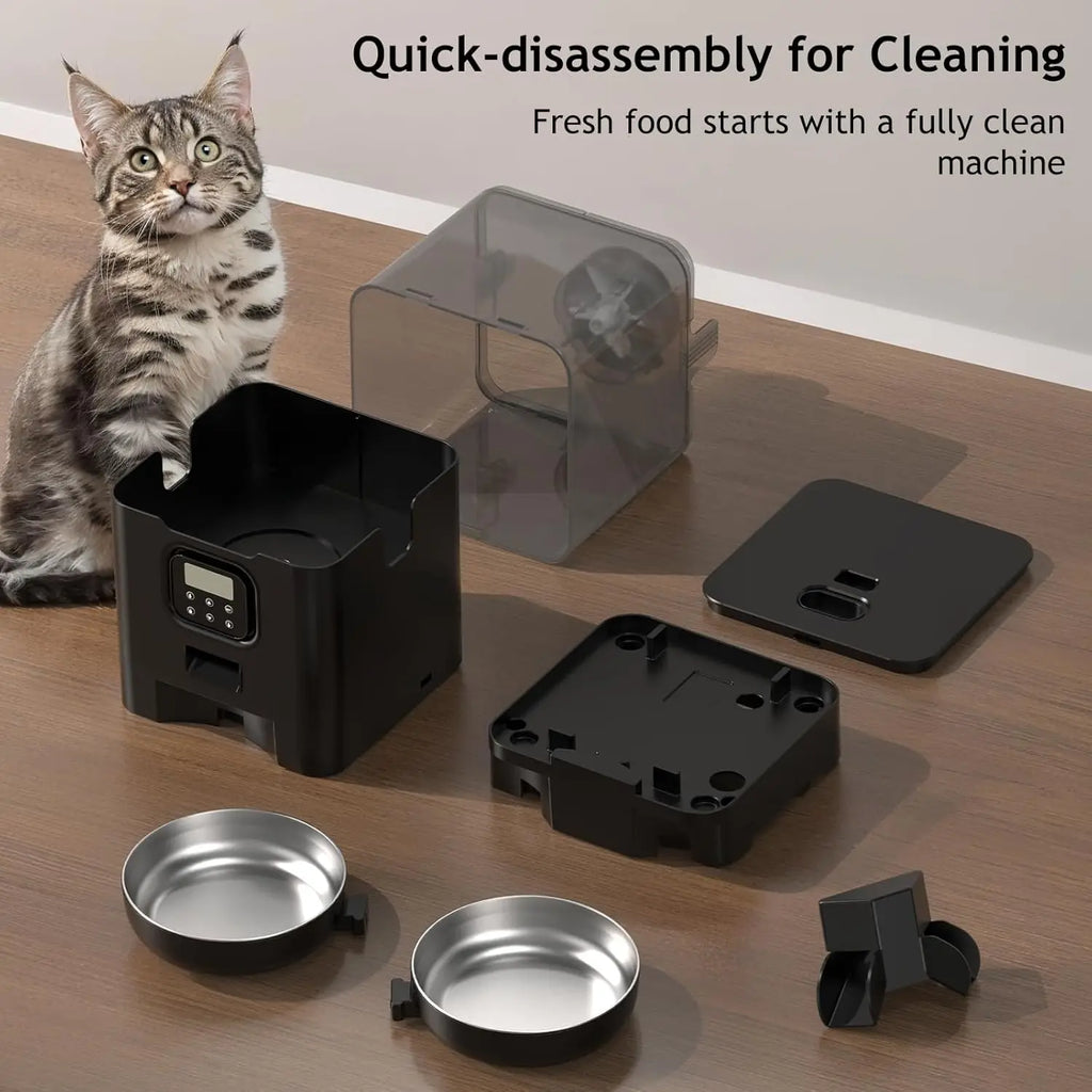 Automatic Double Cat Feeder with Timer, Memory, and 2 Stainless Steel Bowls for Healthy Pet Diet