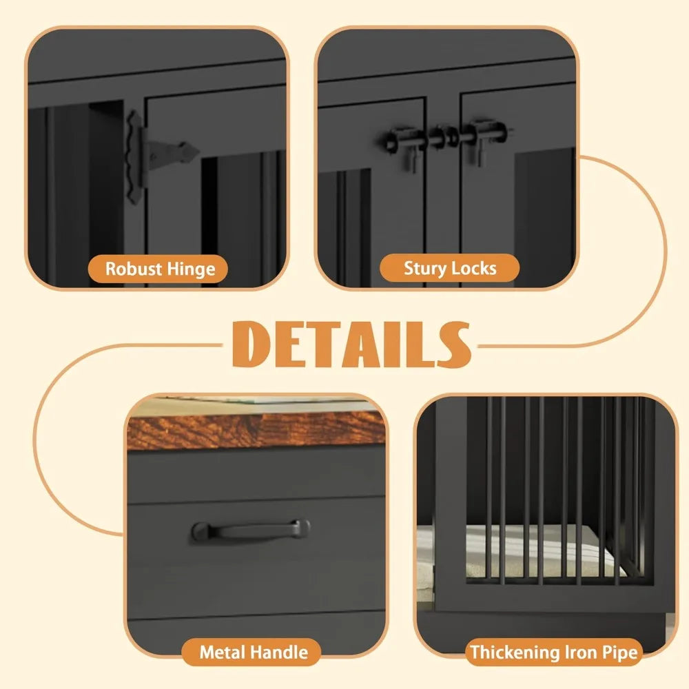 Large Heavy Duty Double Dog Crate/Wooden Kennel Furniture with 3 Drawers for Two Dogs