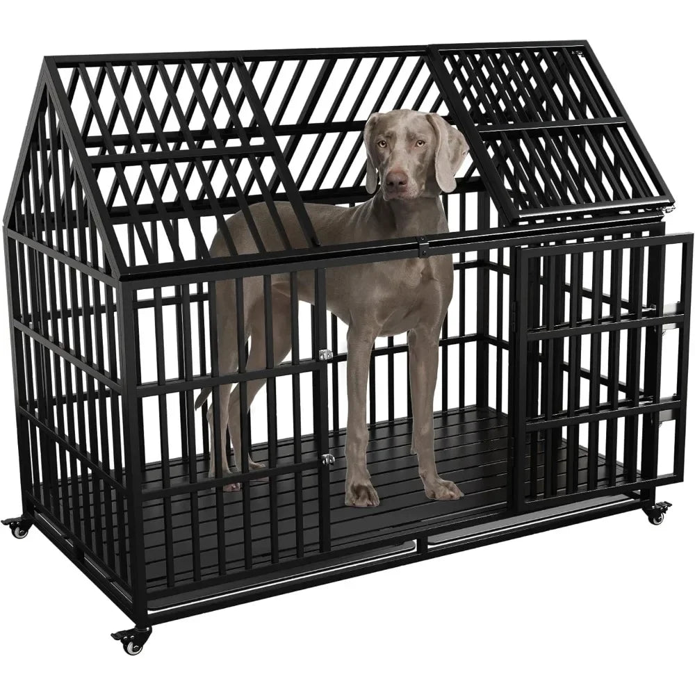 54 inch Heavy Duty Indestructible Dog Crate, Escape Proof with Lockable Wheels
