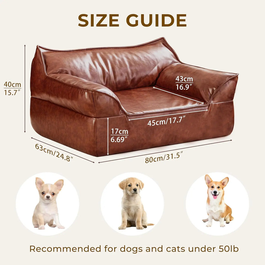 Leather Dog Bed Couch for Small to Medium Dogs, Brown Elevated Pet Sofa Bed