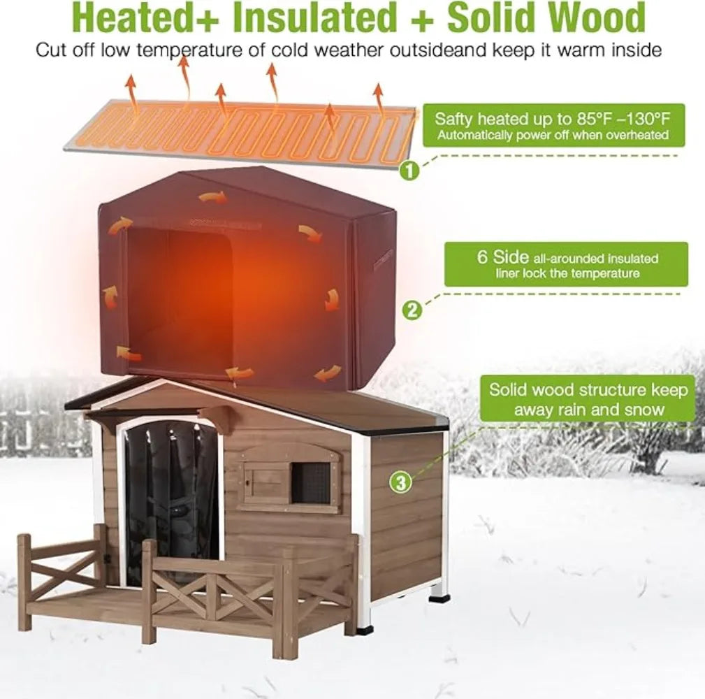 Dog House/Outdoor Dog Kennel with Safe Heated Pad, Chew-Proof Metal Frame and Insulated Liner