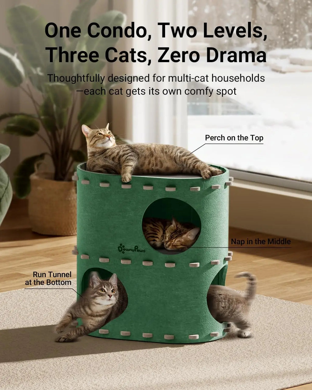 2-Story Foldable Cat Bed Cave, Felt Tunnel Hideaway for Indoor Cats, Scratch-Resistant Multi-Cat Condo