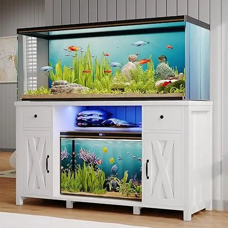 75 Gallon Fish Tank Stand with Power Outlets & LED Light, Farmhouse Stand with 2 Drawers and 2 Barn Doors
