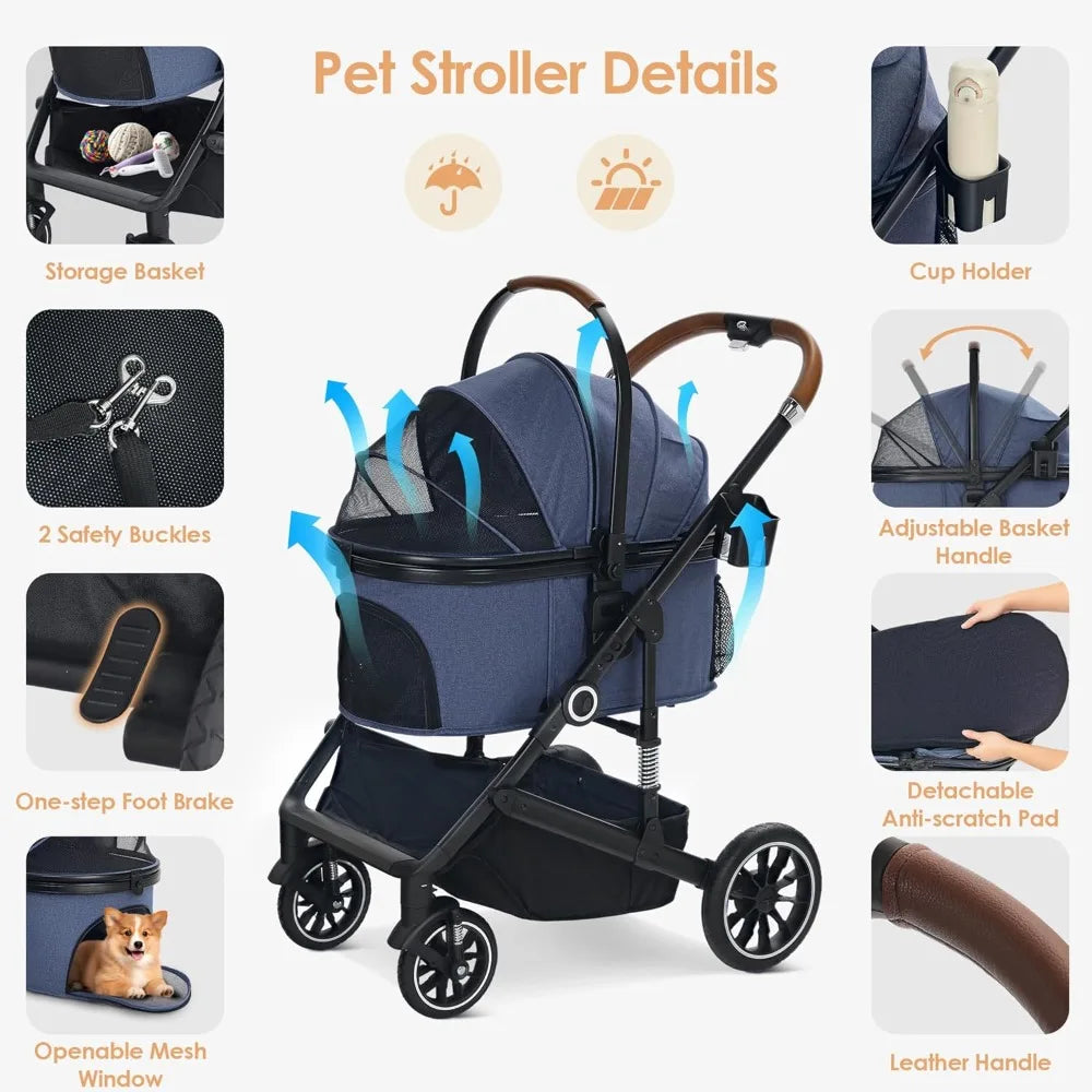 Pet Stroller with 4 Wheels, 3 in 1 Folding Puppy Strollers for Small/Medium Dogs Cats up to 50lbs, Lightweight Pet Travel Carrie