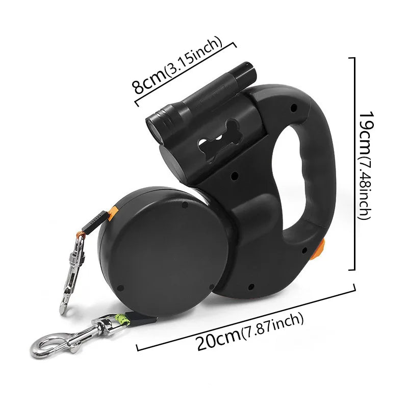 3in1 Double Head Automatic retractable Dog leash, Flashlight, Poop Bag Dispenser, Reflective