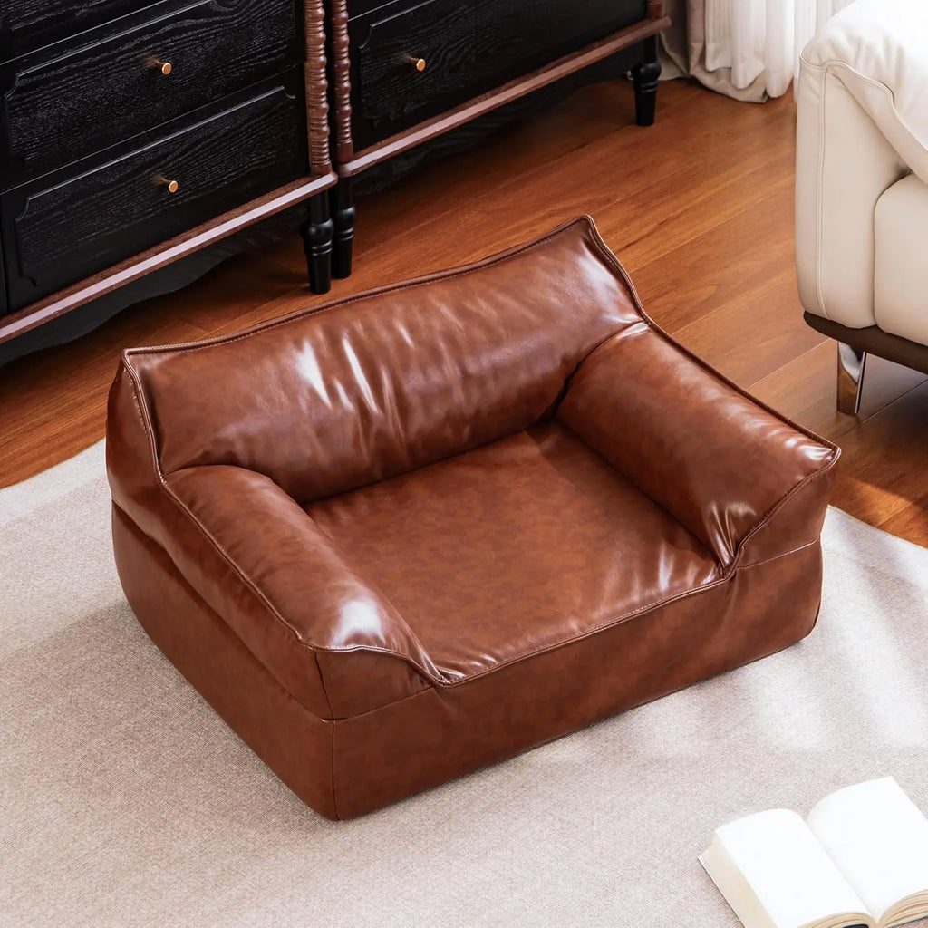 Leather Dog Bed Couch for Small to Medium Dogs, Brown Elevated Pet Sofa Bed