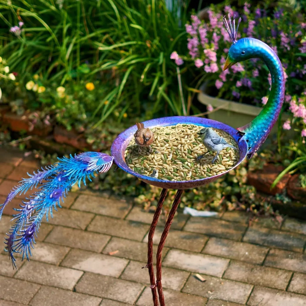 Peacock-Shaped Metal Bird Bath Feeder with Seed Tray, Outdoor Garden Decor