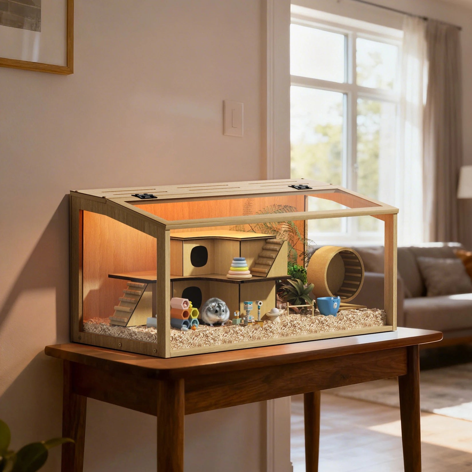 Wooden Hamster/Guinea Pig Cage with Open top Wooden Frame Tempered Glass Panels