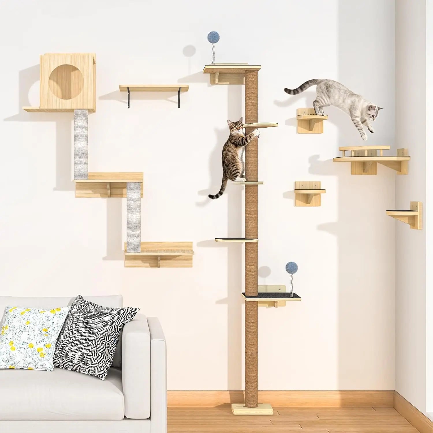 Tall Cat Tree Wall Mounted for Large Cats, 82 inch Scratching Post with Toys