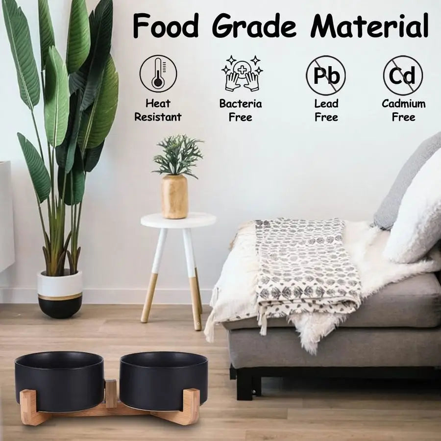 Black Ceramic Cat/Dog Bowl Set with Wood Stand for Pet Food and Water, Non-Slip