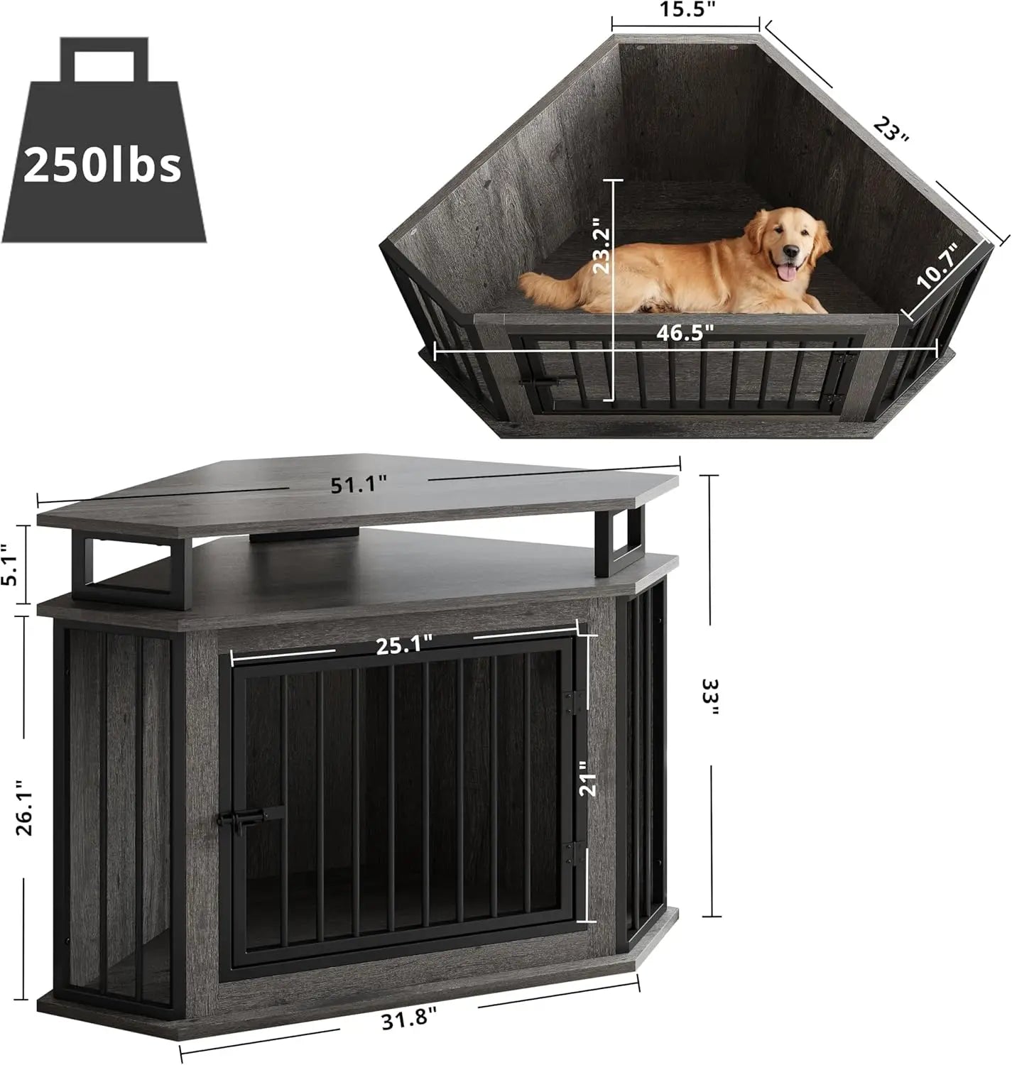 51" Corner Wooden Dog Crate with 2-Tier Shelves Space-Saving Indoor Cage