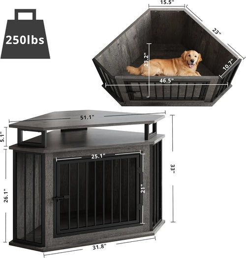 51" Corner Wooden Dog Crate with 2-Tier Shelves Space-Saving Indoor Cage