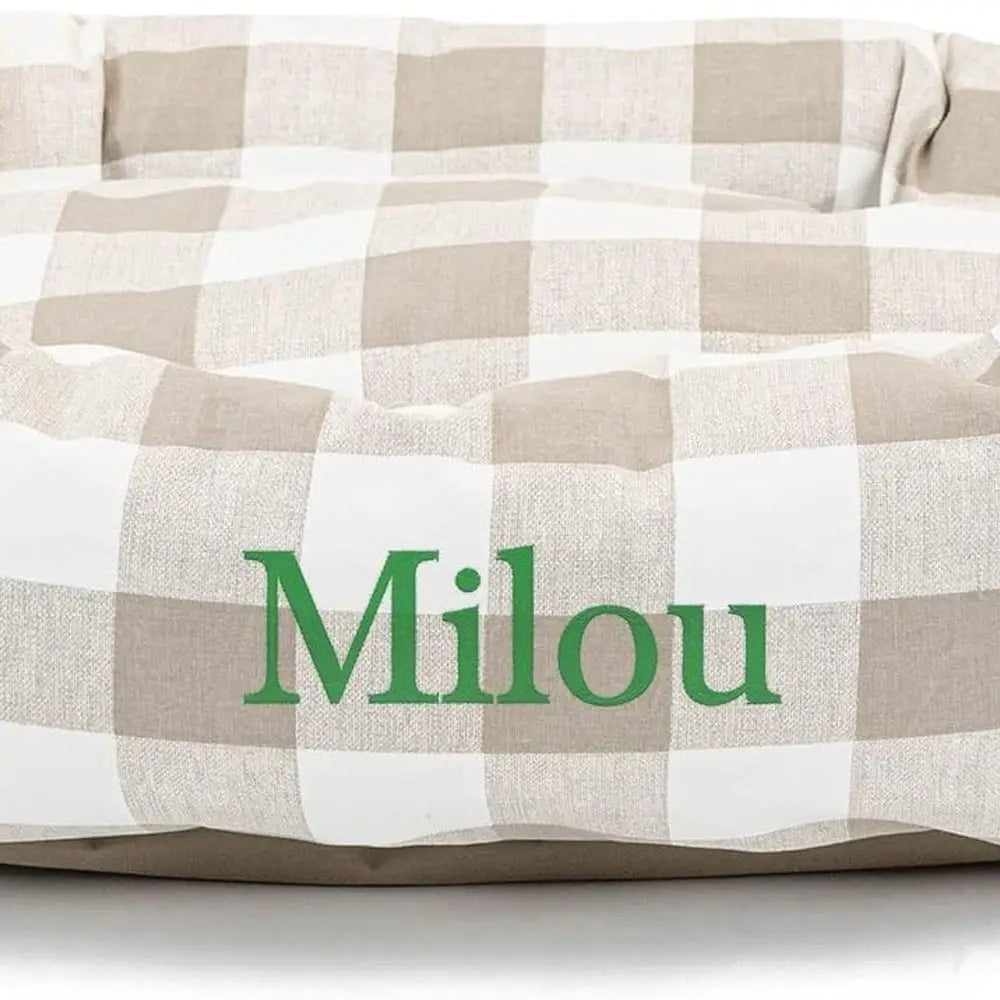 Custom Embroidered Donut Dog Bed | Personalized Bagel-Shaped Pet Bed in Large, Neutral Tan