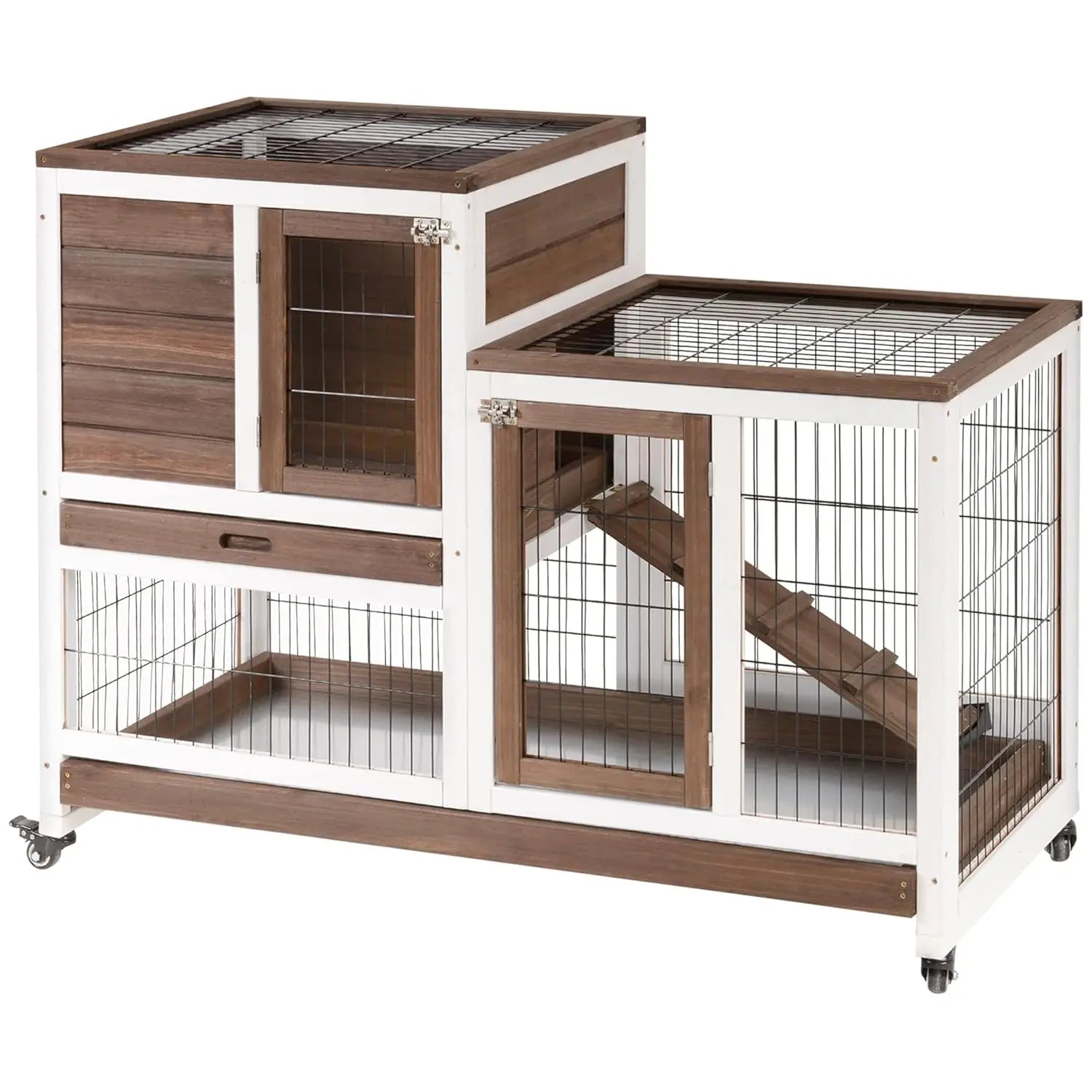 Wooden Rabbit Hutch Elevated Bunny Cage Indoor Small Animal Habitat with Enclosed Run with Wheels