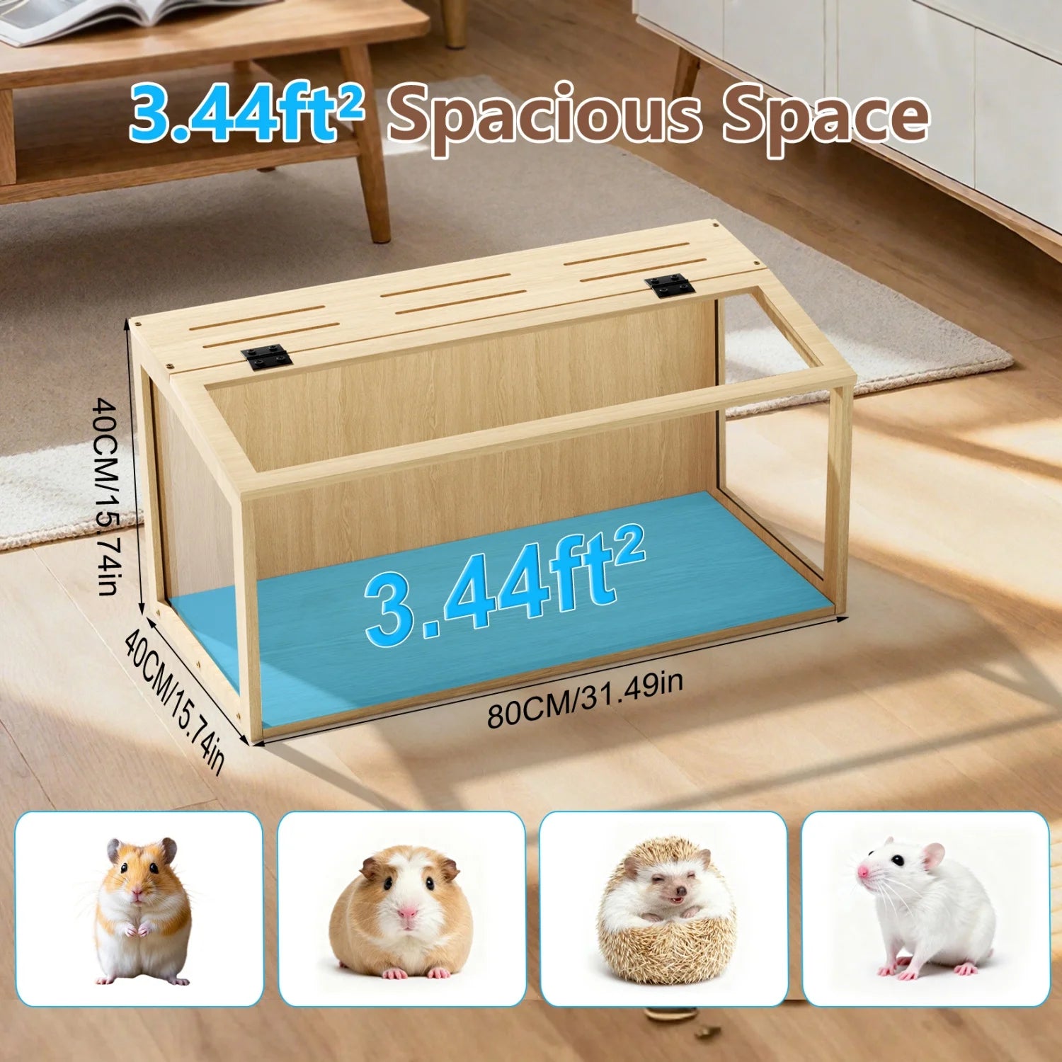 Hamster/Guinea Pig Cage Chewproof Tempered Glass Panels Built-in LED Light
