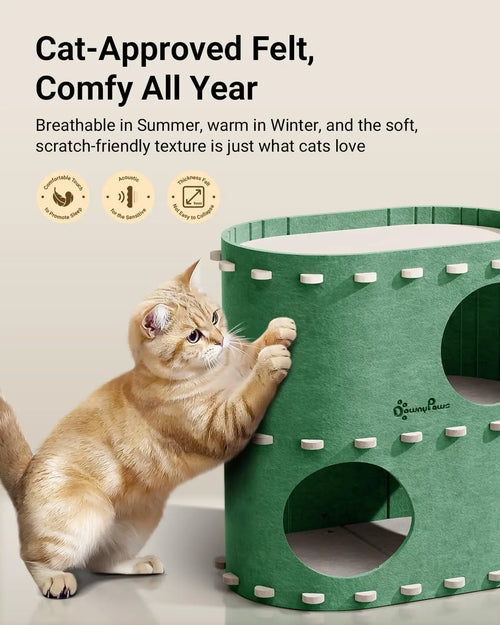 2-Story Foldable Cat Bed Cave, Felt Tunnel Hideaway for Indoor Cats, Scratch-Resistant Multi-Cat Condo