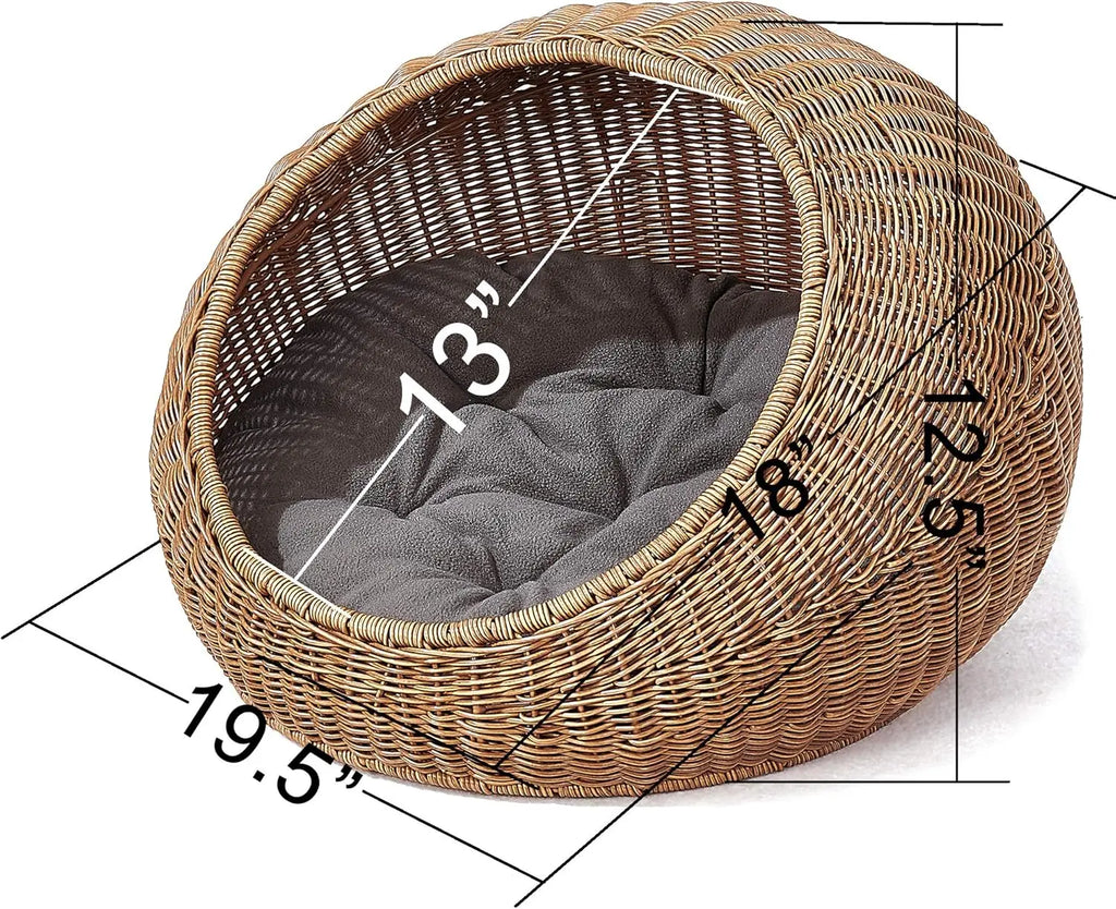 Wicker Cat Bed Dome for Medium Indoor Cats - Covered Hideaway Hut with Washable Cushion