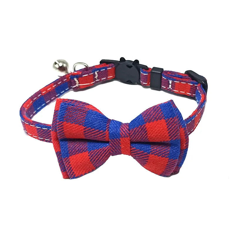 Pet Breakaway Cat Collar Bow Tie and Bell Cute Plaid, Elastic Adjustable Dog Collar With Sash
