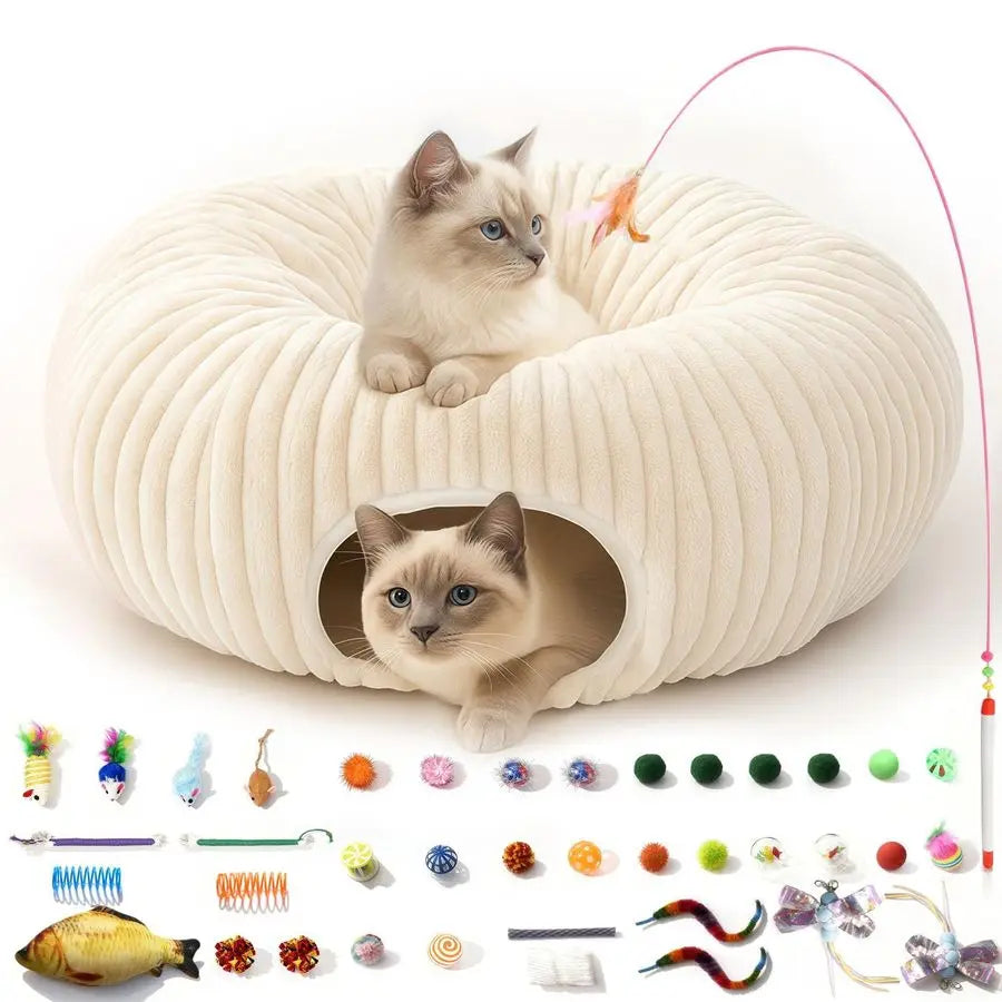 Tunnel Bed with 40 Cat Toys, Collapsible Play Tunnel for Indoor Cats, Cat Tube for Kitten Puppy