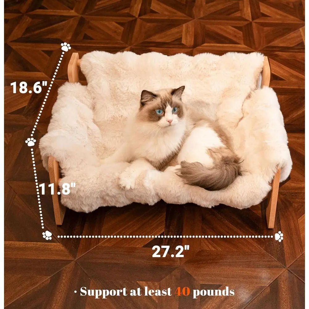 Wooden Cat Sofa with Removable Washable Fluffy Cover, Raised Kitty Lounge Chair Also Suitable for Puppy