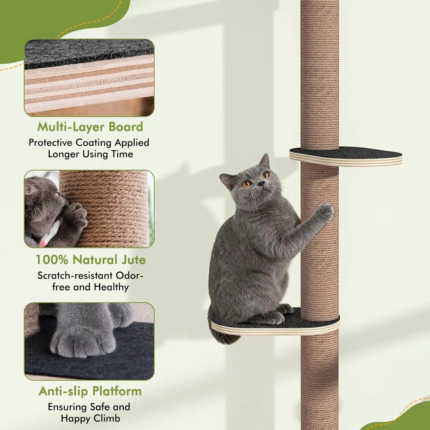 Tall Cat Tree Wall Mounted for Large Cats, 82 inch Scratching Post with Toys