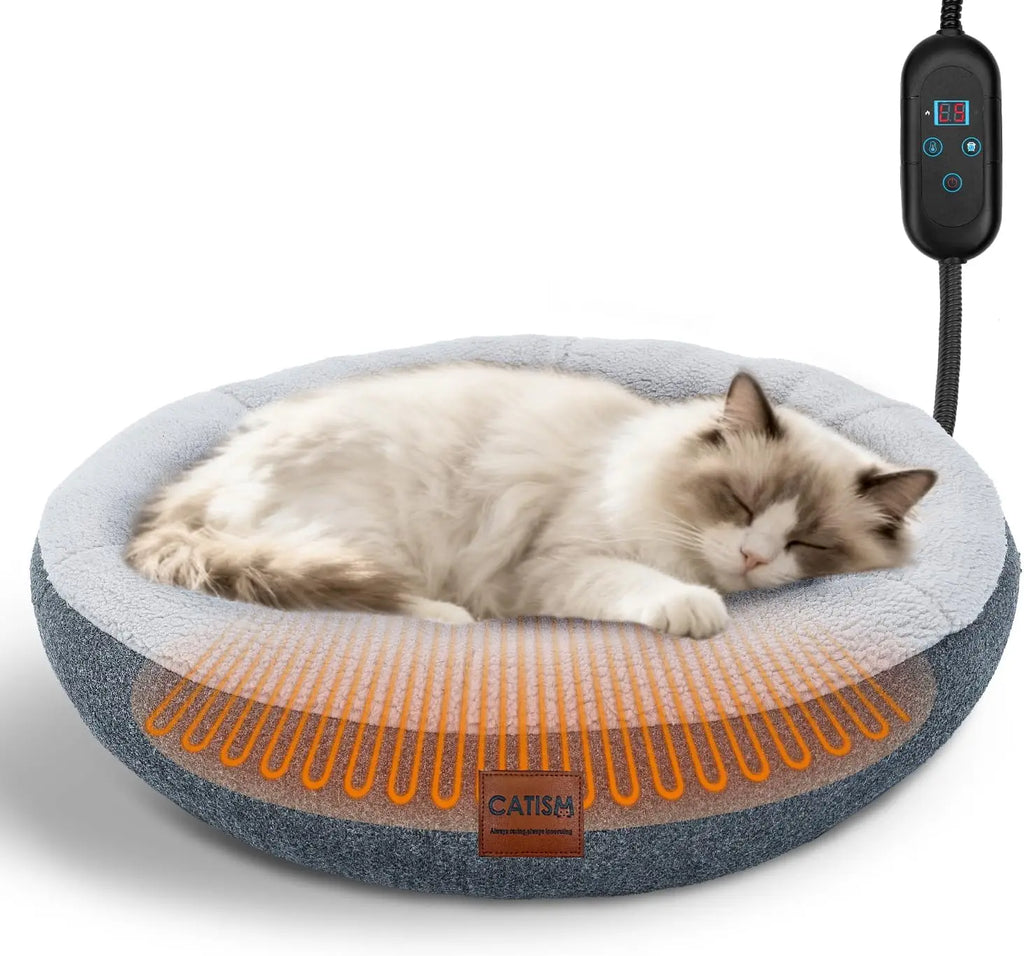 Heated Cat Bed Indoor - Self Warming Donut Cave with Timer & Adjustable Temperature