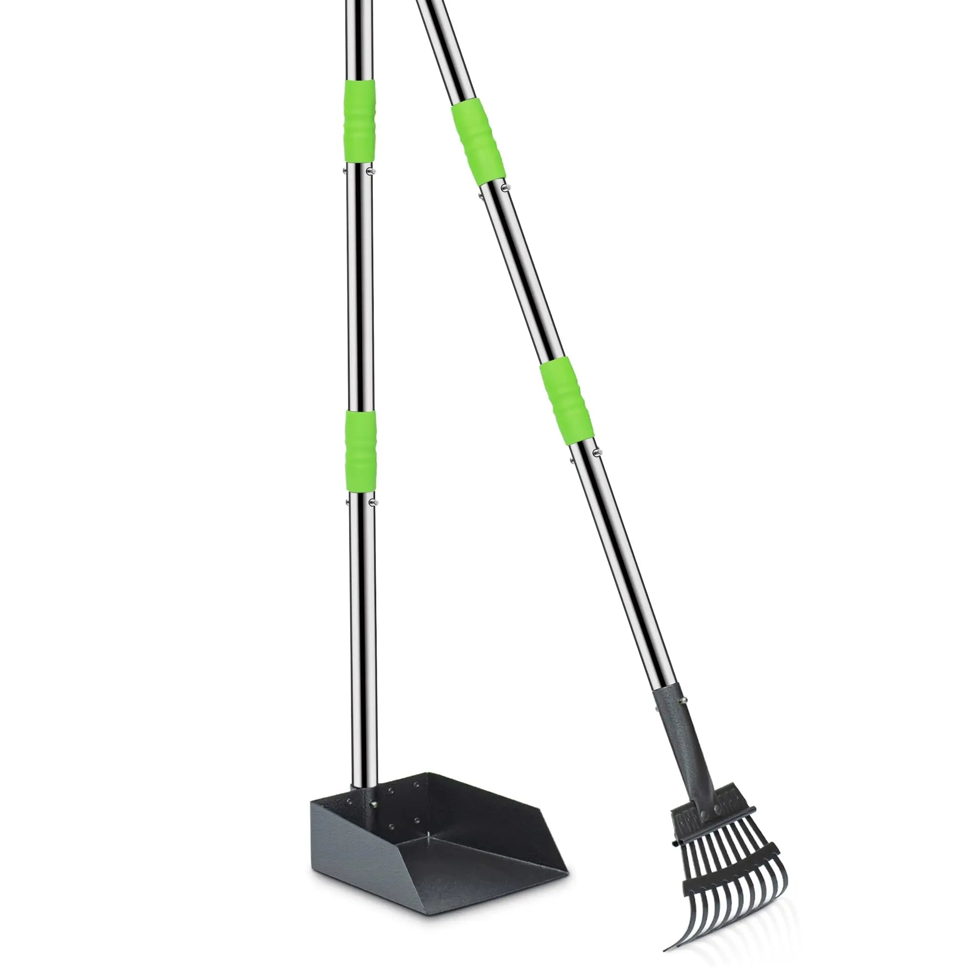 Dog Pooper Scooper, Dog Poop Tray and Rake Set,  Long Adjustable Sectional Stainless Handles