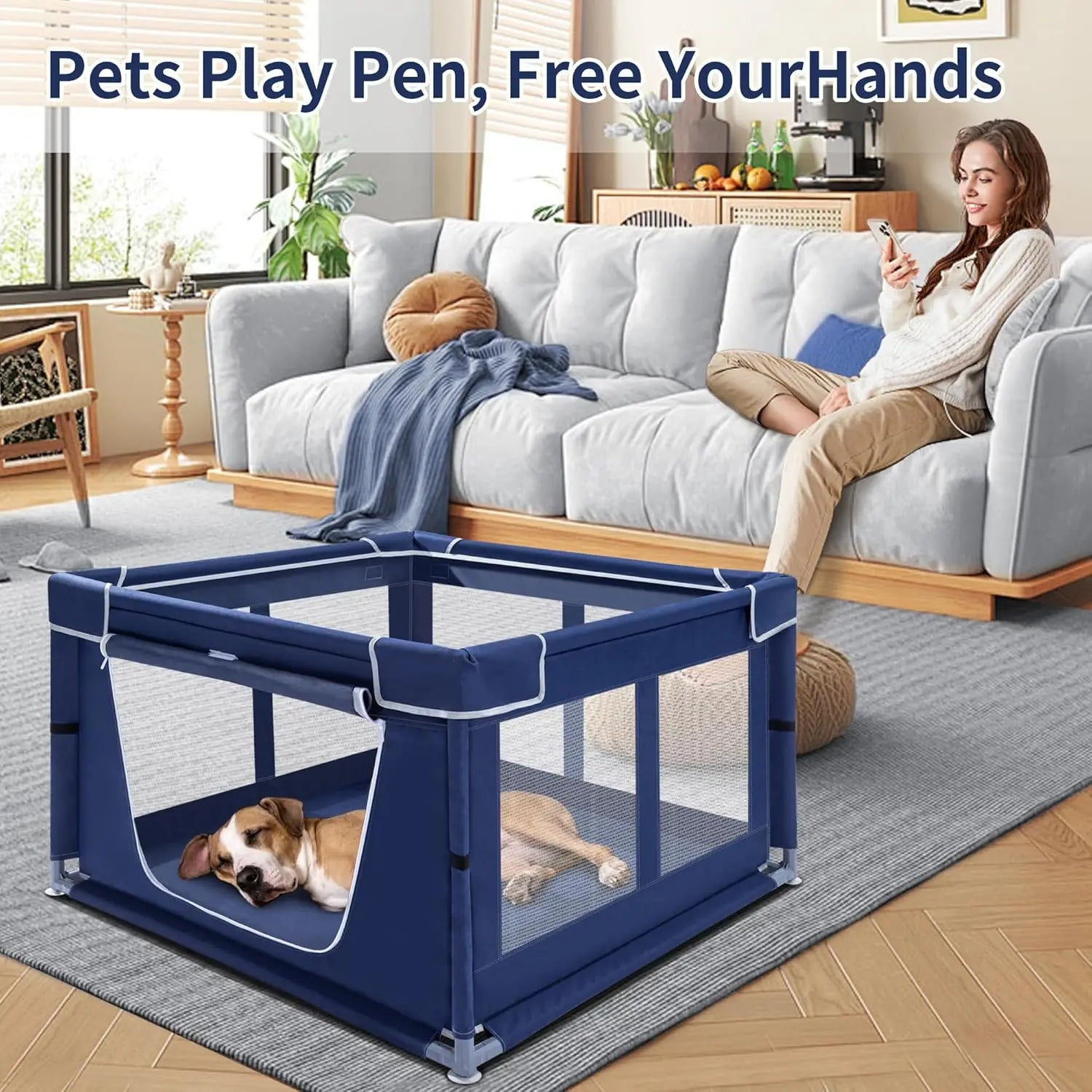 Indoor Pet Playpen with Gate, Oxford Fabric Dog Enclosure for Small Pets, Anti-Tipping Design