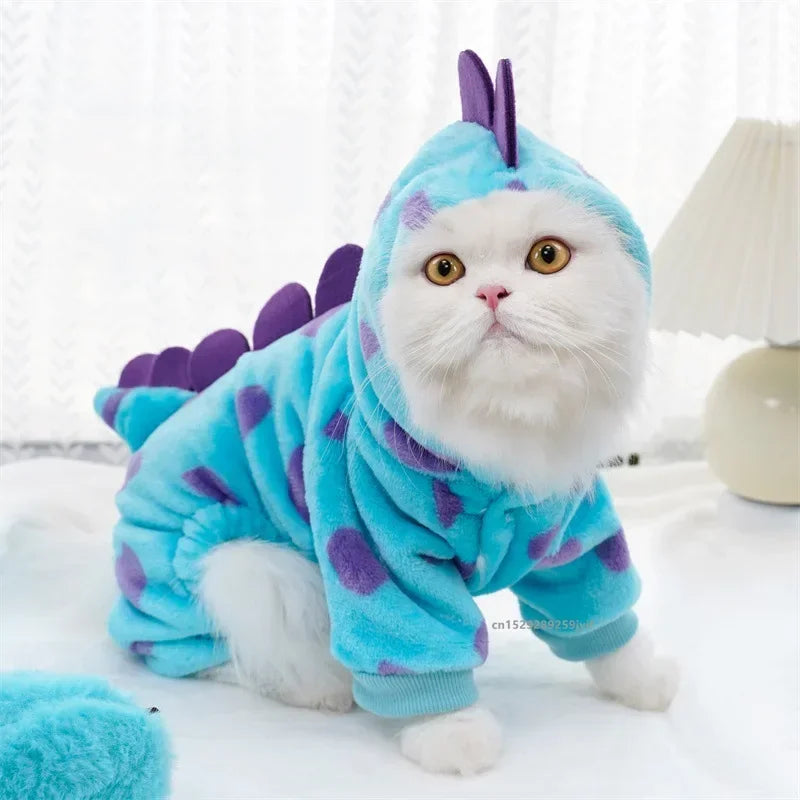 Pet Clothing Dog Cat Autumn and Winter Thickened Warm Blue Dinosaur Hooded Coat