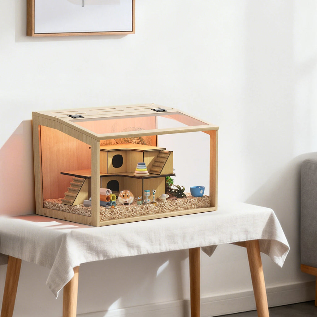 Wooden Hamster/Guinea Pig Cage with Open top Wooden Frame Tempered Glass Panels