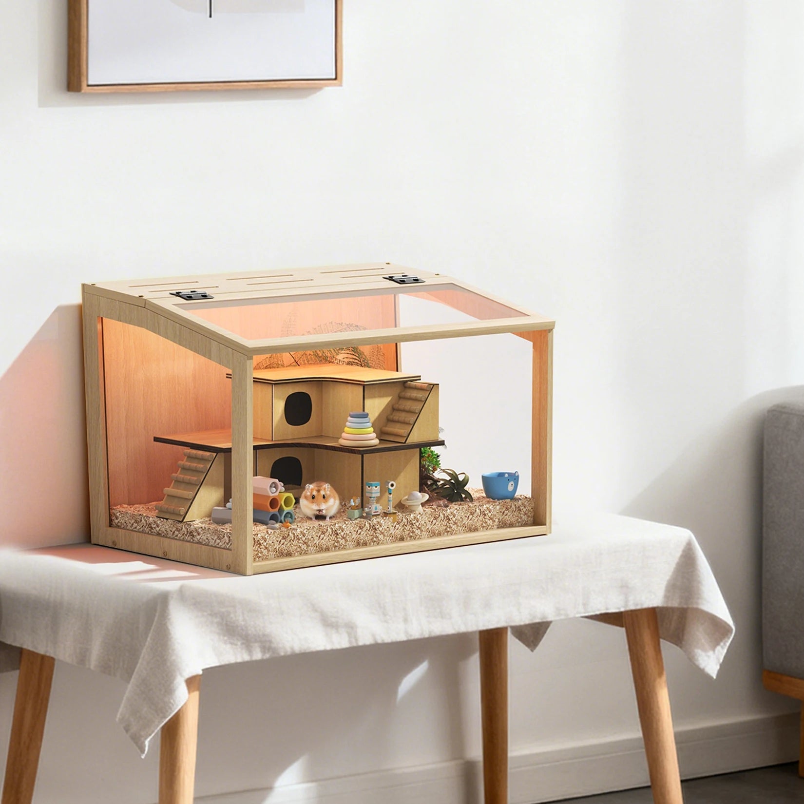 Wooden Hamster/Guinea Pig Cage with Open top Wooden Frame Tempered Glass Panels